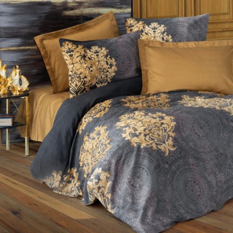 lenjerie de pat premium satin de lux 6 piese Cotton Box Jadira Beige design elegant bej si auriu