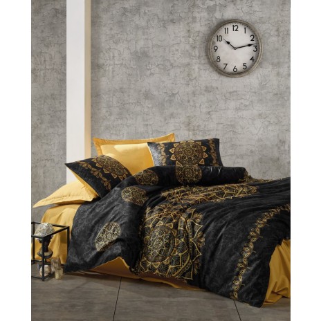Lenjerie de pat Alvina Gold din bumbac satinat negru cu ornamente aurii