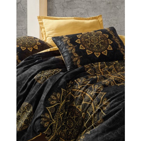 Lenjerie de pat Alvina Gold din bumbac satinat negru cu ornamente aurii