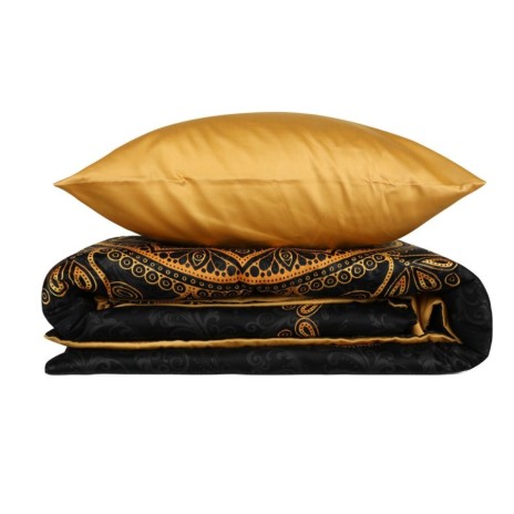 Lenjerie de pat Alvina Gold din bumbac satinat negru cu ornamente aurii