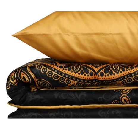 Lenjerie de pat Alvina Gold din bumbac satinat negru cu ornamente aurii