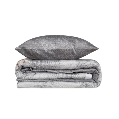 Lenjerie de pat Amentes cu model geometric în nuanțe de gri, bej și alb, bumbac satinat de lux, marca CottonBox.