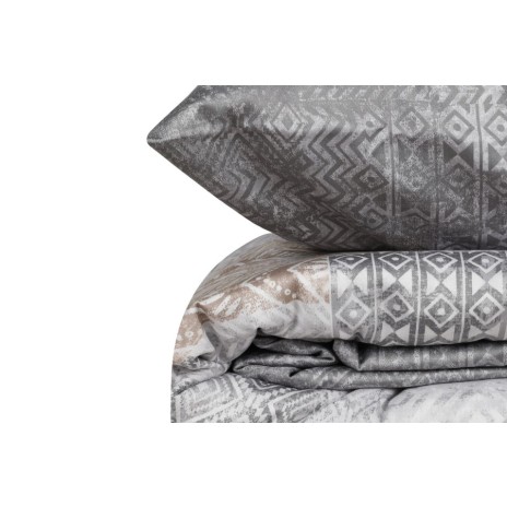 Lenjerie de pat Amentes cu model geometric în nuanțe de gri, bej și alb, bumbac satinat de lux, marca CottonBox.
