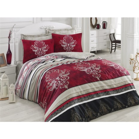 Lenjerie de pat din bumbac satinat roșu-gri-negru Azra Claret Red de la Cotton Box