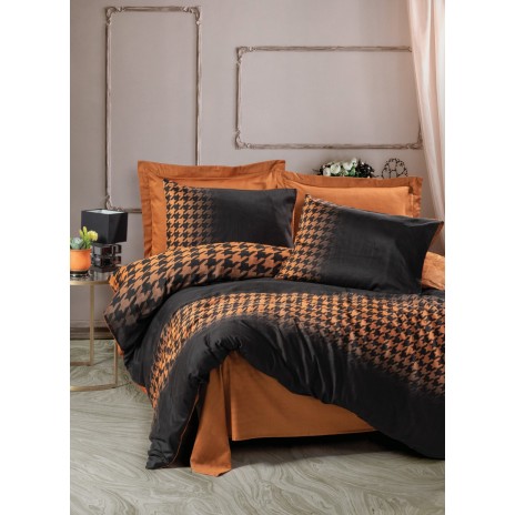 Lenjerie de pat pepita negru și cupru din bumbac satinat Cotton Box, model Barlow Copper, set complet