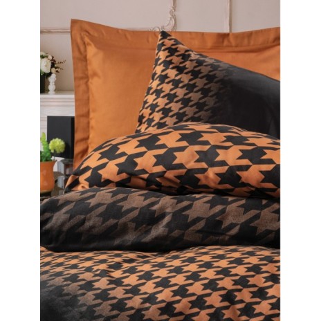 Lenjerie de pat pepita negru și cupru din bumbac satinat Cotton Box, model Barlow Copper, set complet