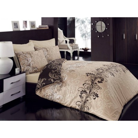 Lenjerie de pat Cotton Box din satin de lux, 6 piese, bej și maro, cu design elegant și rafinat