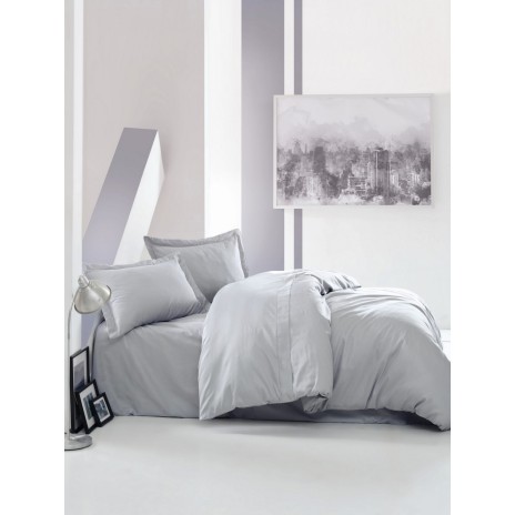 Lenjerie de pat CottonBox bumbac satinat gri deschis, cu design minimalist și elegant