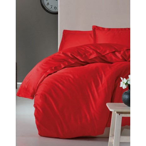 Lenjerie de pat de lux din bumbac satinat Cotton Box Elegant Red, în nuanțe roșu intens, design simplu și modern