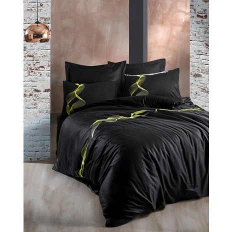 Lenjerie de pat din bumbac satinat negru-galben Energy Yellow de la Cotton Box