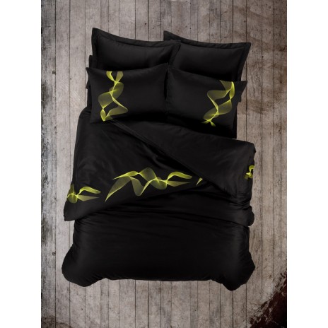 Lenjerie de pat din bumbac satinat negru-galben Energy Yellow de la Cotton Box