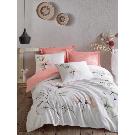 Lenjerie de pat Cotton Box Erlina Salmon cu flori alb și roz somon, bumbac satinat, 6 piese