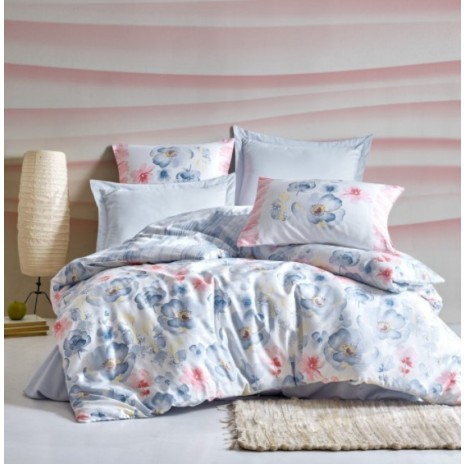Lenjerie de pat Cotton Box Ese Blue cu flori albastru, roz și galben, bumbac satinat, 6 piese