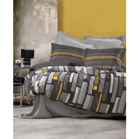 Lenjerie de pat geometric gri și galben din bumbac satinat Cotton Box, model Farris Grey, set complet