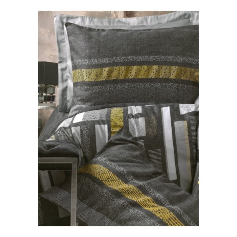Lenjerie de pat geometric gri și galben din bumbac satinat Cotton Box, model Farris Grey, set complet