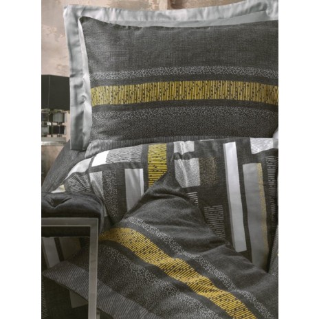 Lenjerie de pat geometric gri și galben din bumbac satinat Cotton Box, model Farris Grey, set complet