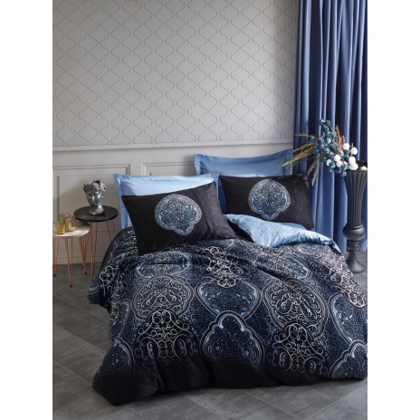 Lenjerie de pat Cotton Box Glory Blue cu modele ornamentale albastru și negru, bumbac satinat, 6 piese