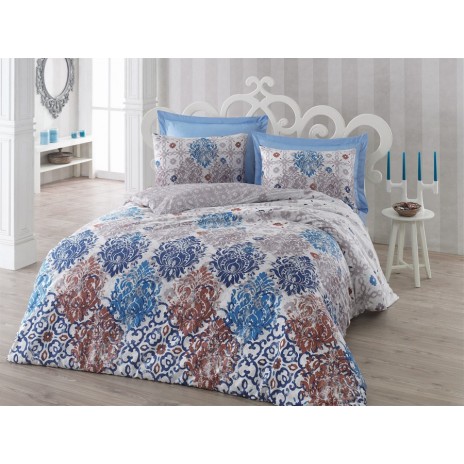 Lenjerie de pat din bumbac satinat albastru-maro Gonul de la Cotton Box