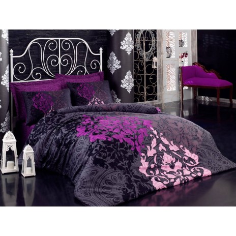 Lenjerie de pat dublu din satin mov și negru, model Kosem Sultan, cu imprimeu baroc