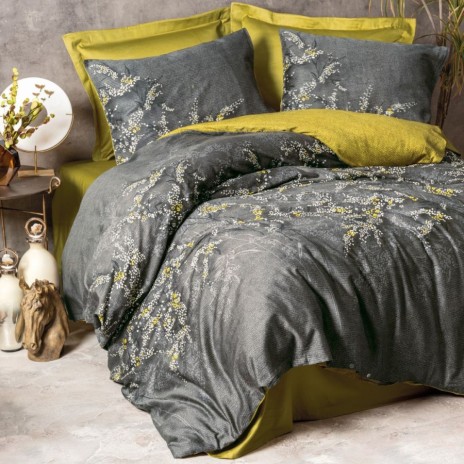 Lenjerie de pat gri cu imprimeu floral și lenjerie verde, model Libby, bumbac 100% satinat, set cu 6 piese