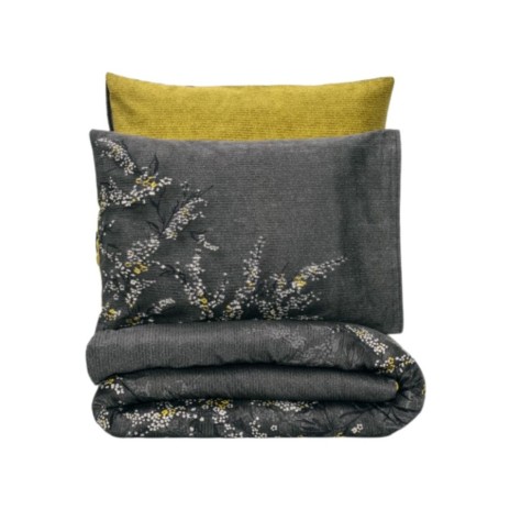 Lenjerie de pat gri cu imprimeu floral și lenjerie verde, model Libby, bumbac 100% satinat, set cu 6 piese