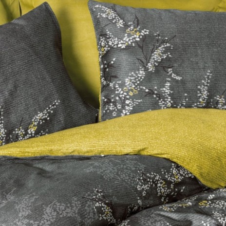 Lenjerie de pat gri cu imprimeu floral și lenjerie verde, model Libby, bumbac 100% satinat, set cu 6 piese