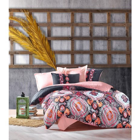 Lenjerie de pat din bumbac satinat Cotton Box cu model geometric și floral în nuanțe de roz, negru și portocaliu