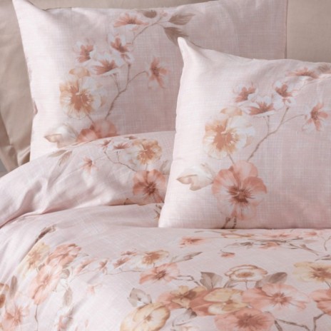 Lenjerie de pat bej deschis cu imprimeu floral pastelat în nuanțe de roz și crem, model Pansy Bej, bumbac 100% satinat, set cu 6 piese