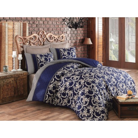 Lenjerie de pat din bumbac satinat albastru închis-alb Pera Dark Blue de la Cotton Box