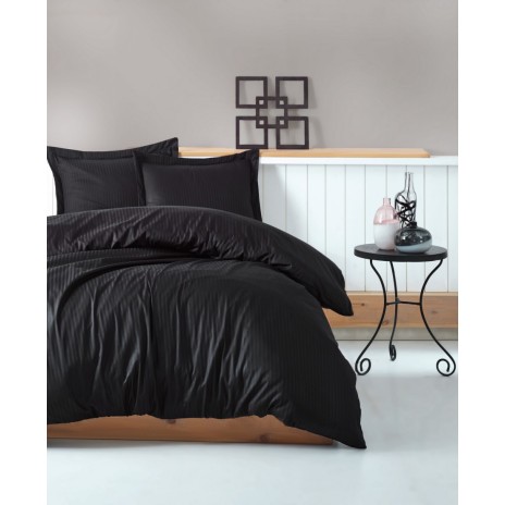 Lenjerie de pat de lux din satin Cotton Box Stripe Black în nuanțe negru, design simplu și dungi subtile