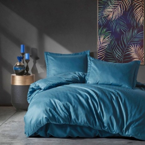 Lenjerie de pat premium Cotton Box Stripe Blue bumbac satinat albastru petrol model cu dungi