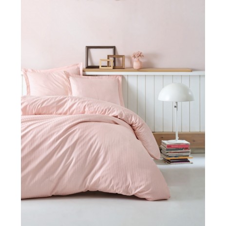 Lenjerie de pat de lux din satin Cotton Box Stripe Powder în nuanțe roz pudră, design simplu și dungi subtile