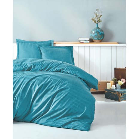 Lenjerie de pat de lux din satin Cotton Box Stripe Turquoise în nuanțe turcoaz, design simplu și dungi subtile