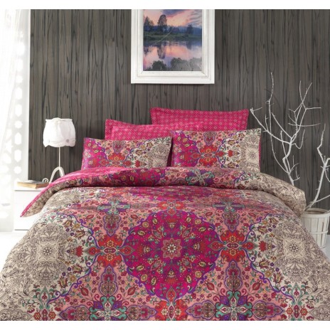 Lenjerie de pat Tugba din satin fucsia cu design floral oriental, set Cotton Box