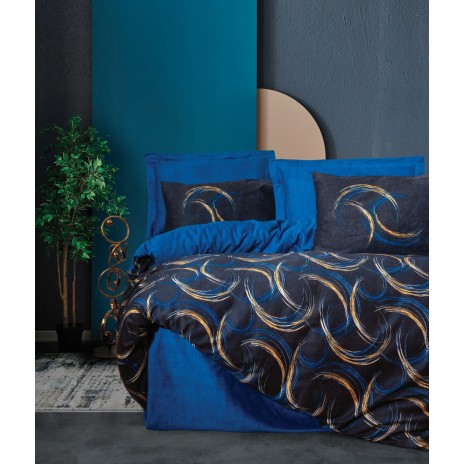 Lenjerie de pat Cotton Box Vidal Blue cu modele abstracte albastru și auriu, bumbac satinat, 6 piese