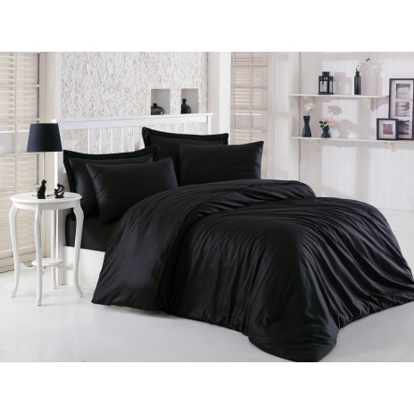 Lenjerie de pat neagră din satin de lux, cu broderii discrete