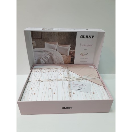 Lenjerie de pat Alissa bumbac satinat alb și roz cu broderii delicate și aplicații 3D