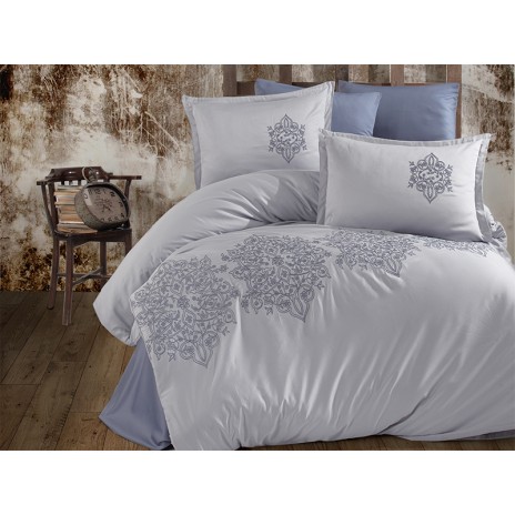 Lenjerie de pat antracit Anatolia din satin de bumbac cu broderii crem și aplicații 3D, set Clasy