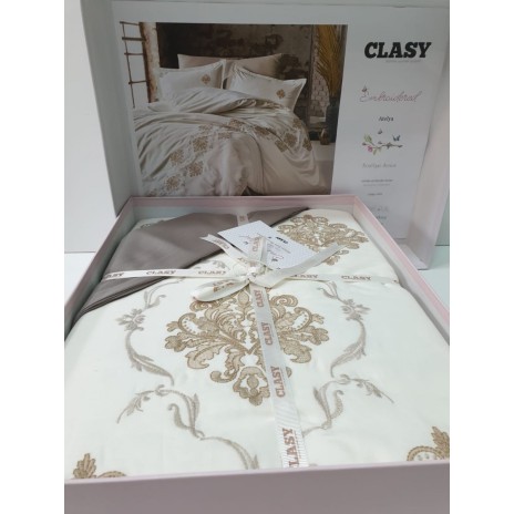 Lenjerie de pat Atelya bumbac satinat alb și crem cu broderii aurii și aplicații 3D