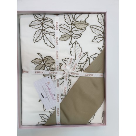 Lenjerie de pat Enza bumbac satinat alb și bej cu broderii florale și aplicații 3D