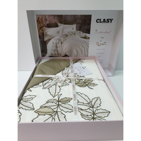 Lenjerie de pat Enza bumbac satinat alb și bej cu broderii florale și aplicații 3D