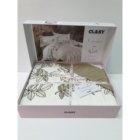 Lenjerie de pat Enza bumbac satinat alb și bej cu broderii florale și aplicații 3D