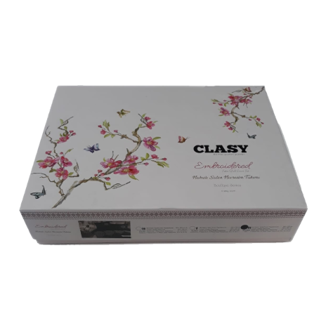 Lenjerie de pat maro Fiore din satin de bumbac cu broderii albe și crem și aplicații 3D, set Clasy