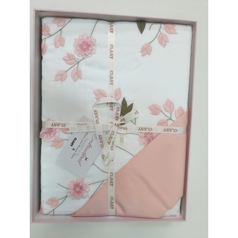 Lenjerie de pat Lare V1 bumbac satinat alb și roz cu broderii florale și aplicații 3D