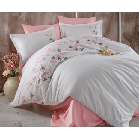 Lenjerie de pat Lare V1 bumbac satinat alb și roz cu broderii florale și aplicații 3D