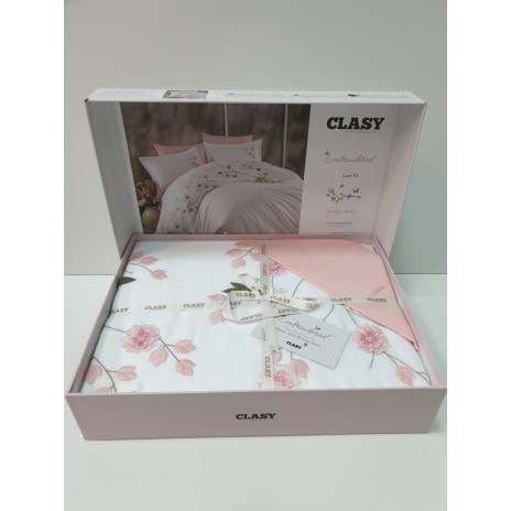 Lenjerie de pat Lare V1 bumbac satinat alb și roz cu broderii florale și aplicații 3D