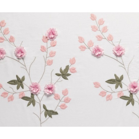 Lenjerie de pat Lare V1 bumbac satinat alb și roz cu broderii florale și aplicații 3D