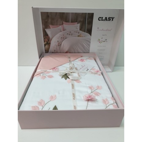 Lenjerie de pat Lare V1 bumbac satinat alb și roz cu broderii florale și aplicații 3D