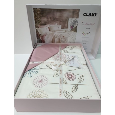 Lenjerie de pat Mavera bumbac satinat alb și roz cu broderii florale și aplicații 3D