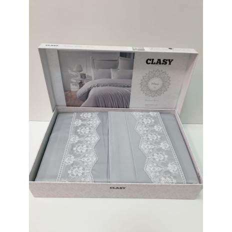 Lenjerie de pat Mona bumbac satinat dublu albastru deschis cu broderie delicată